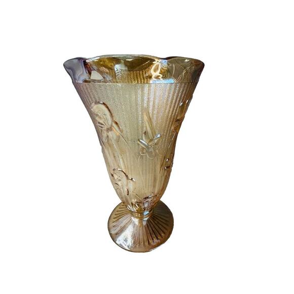 Vintage Jeanette Marigold Carnival Iridescent Glass Vase Iris Herringbone Peach - Picture 2 of 13